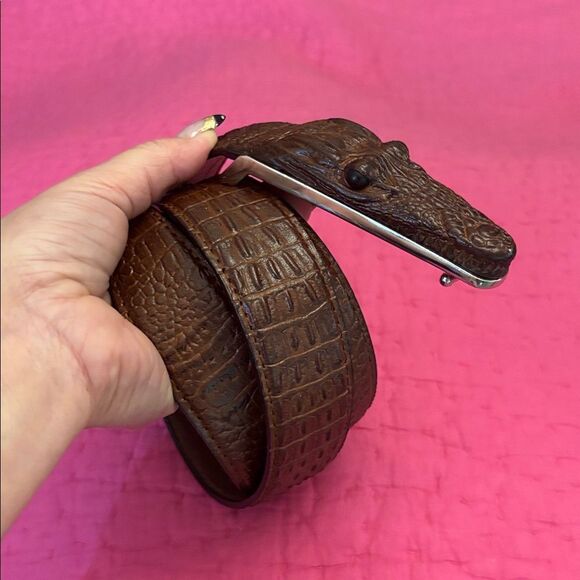 Brown Crocodile Embossed Leather Belt, L 46 inch